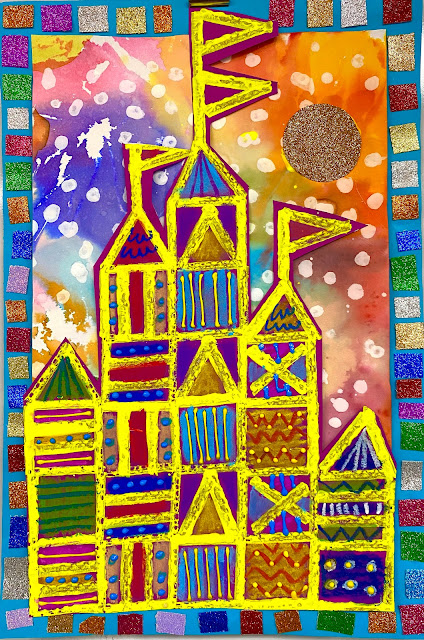 Shape Castles in Paint, Chalk and Oil Pastel Inspired by Paul Klee and Mary Blair