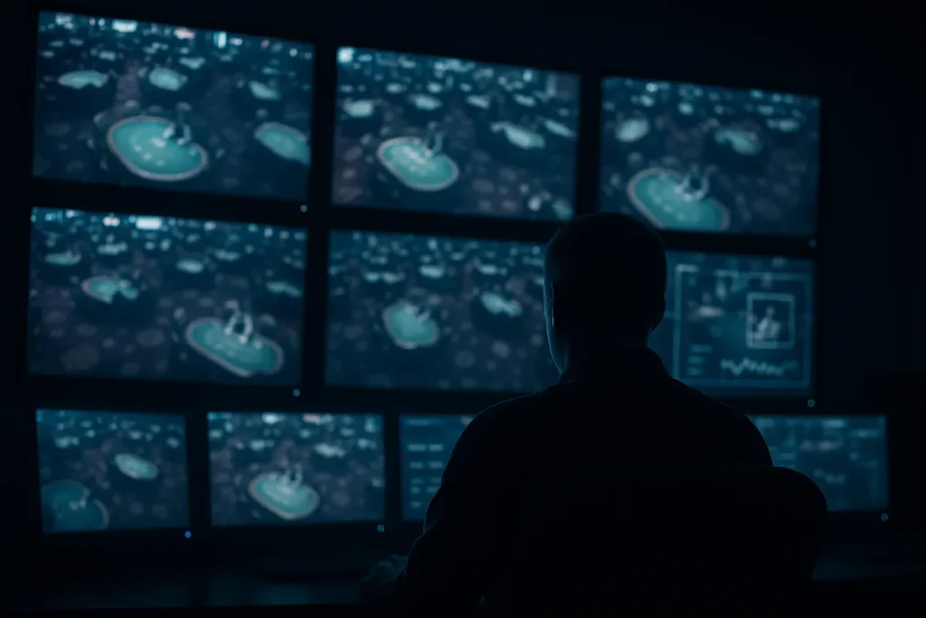 Casino surveillance room with monitors showing gaming floor feeds and AI tracking overlays