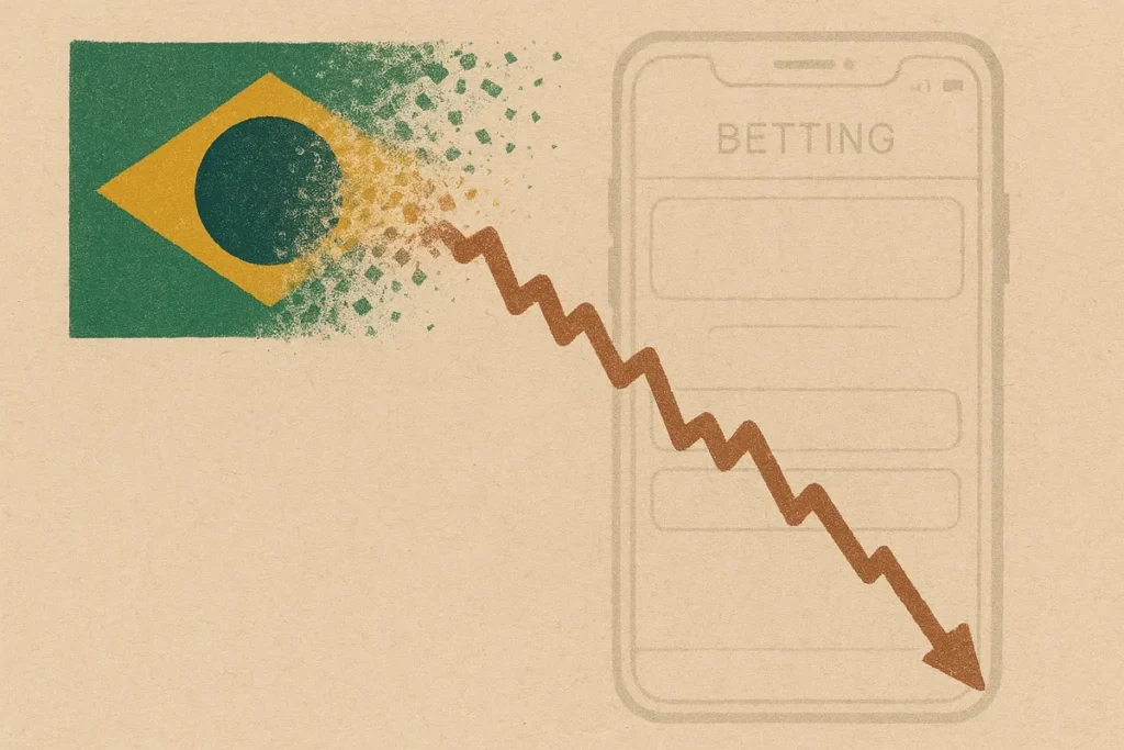 Illustration of a falling share price line over a Brazilian flag motif, representing Brazil's online gambling ban