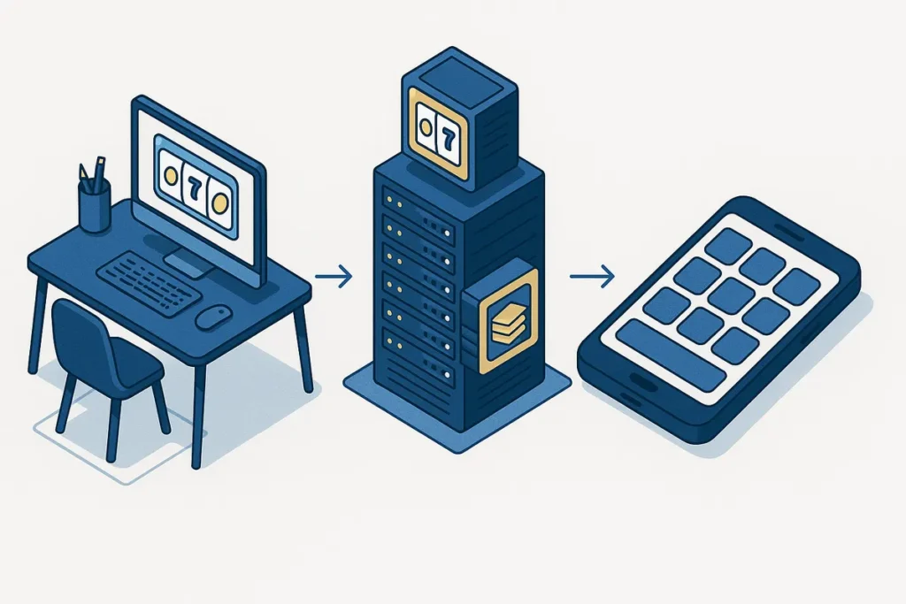 Illustration showing slot studio, aggregator platform and casino lobby connected in a distribution chain