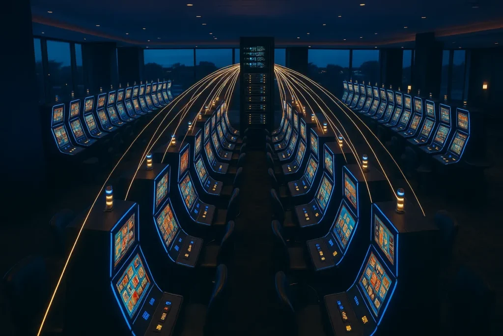 Casino floor linked by data lines to a back-office system, illustrating a casino management systems supplier leadership change