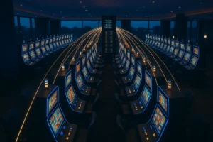 Casino floor linked by data lines to a back-office system, illustrating a casino management systems supplier leadership change