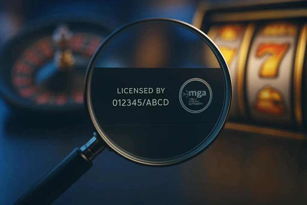 Magnifying glass inspecting a casino licence number on a website footer